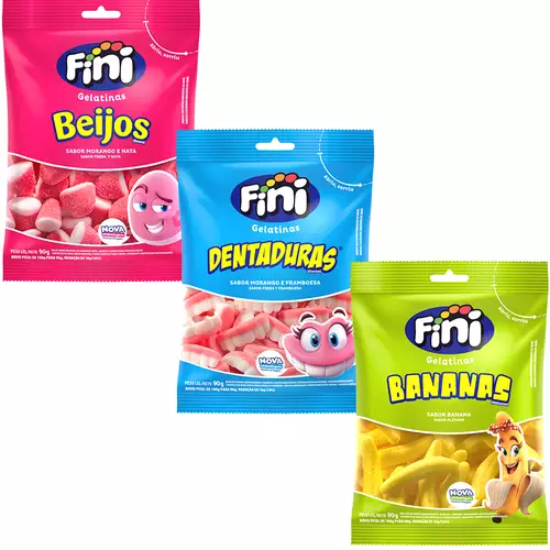 Kit de Balas de Gelatina: Beijo Morango 90G + Dentaduras 90G + Bananas 90G - Fini